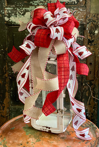 The Brooke Red White & Tan Christmas Tree Topper Bow~Bow for wreaths and lanterns~Xmas Bow buffalo check~Swag Bow~Farmhouse ChristmasDecor