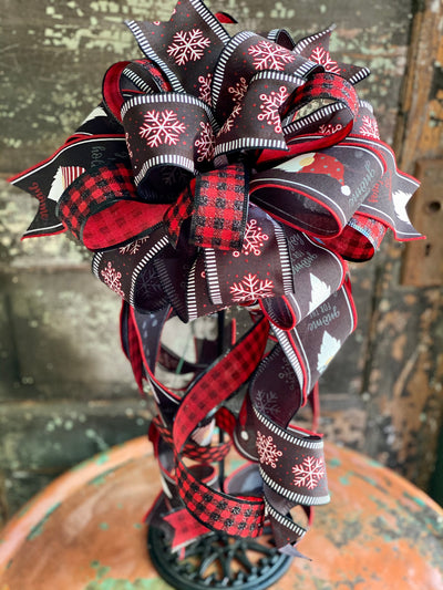 The Shae Red Black & White Gnome Christmas Tree Topper Bow, bow for lantern, bow for wreaths, long streamer bow for mailbox, christmas decor