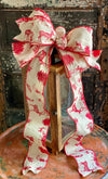 The Temperance Red & Cream Toile Christmas Tree Topper Bow, bow for wreaths, Elegant bow, Lantern bow, Long streamer classic bow