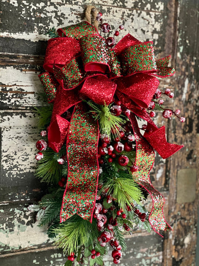 The Ava Red & Green Icy Holly Berry Pine Door Swag, Christmas swag for front door, mantle swag, mailbox decoration, farmhouse winter swag