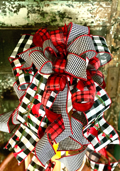 The Angel Red Black & White Buffalo Check Cardinal Christmas Tree Topper Bow~Bow for wreaths~Farmhouse winter bow