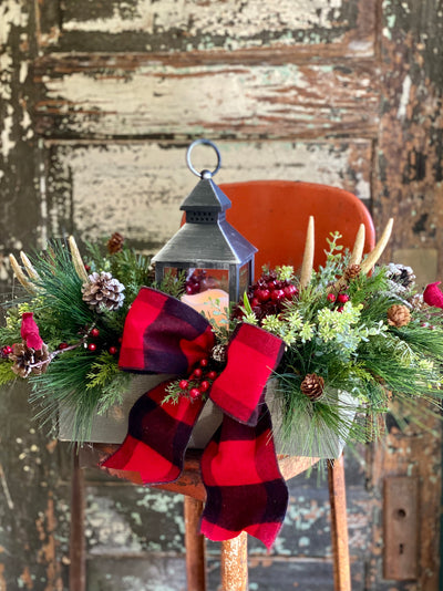 The Jeanette Rustic Lantern Christmas Centerpiece For Dining Table, farmhouse winter pine arrangement~Red berry arrangement for kitchen