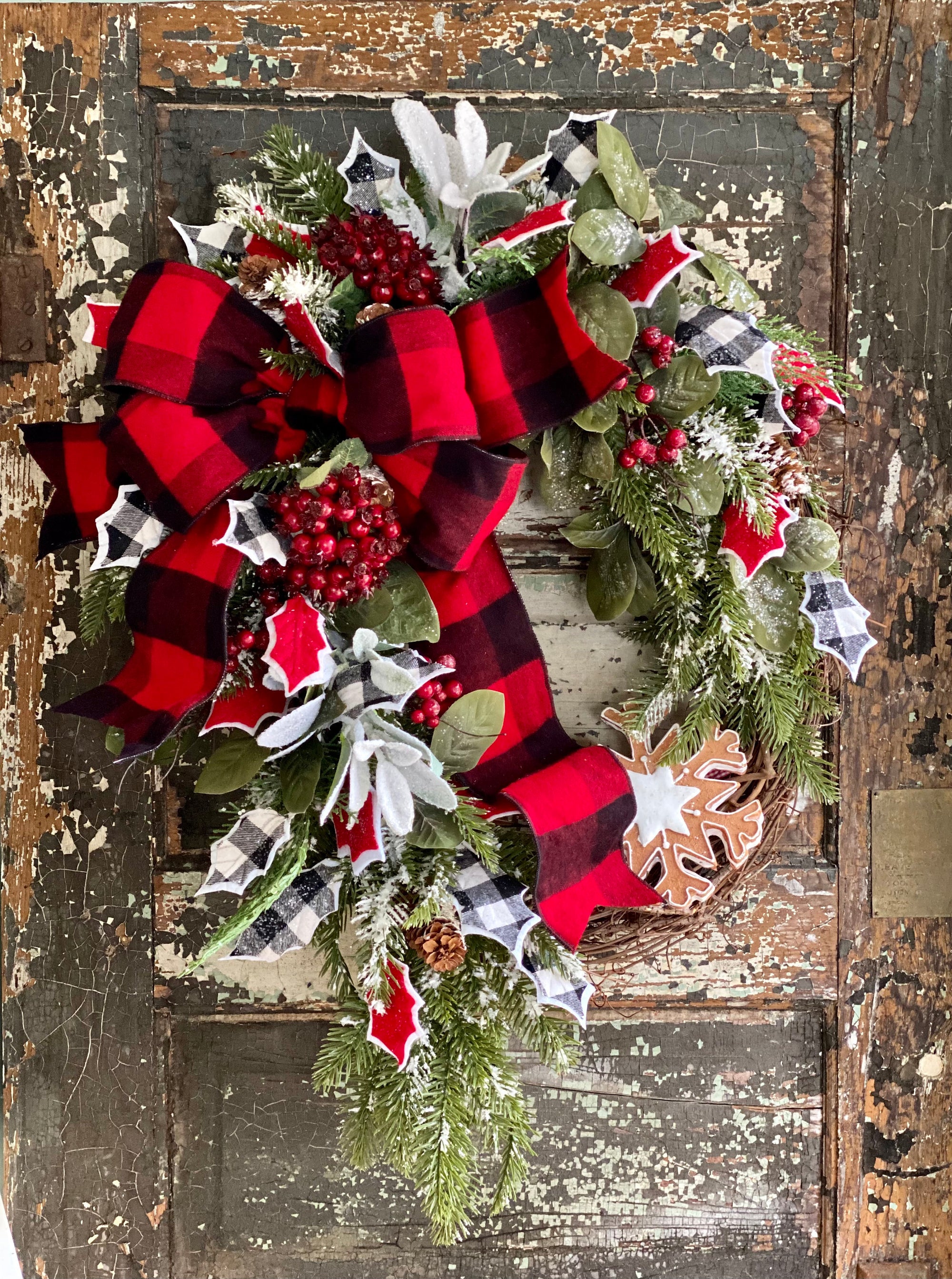 The Anise Winter Rustic Red & White Evergreen Christmas Wreath For Front Door, Farmhouse Buffalo check snowy pine wreath, cabin decor