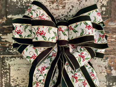 The Berenice Green & Red Velvet Christmas Tree Topper Bow, bow for wreaths, Elegant bow, Lantern bow, Long streamer classic bow