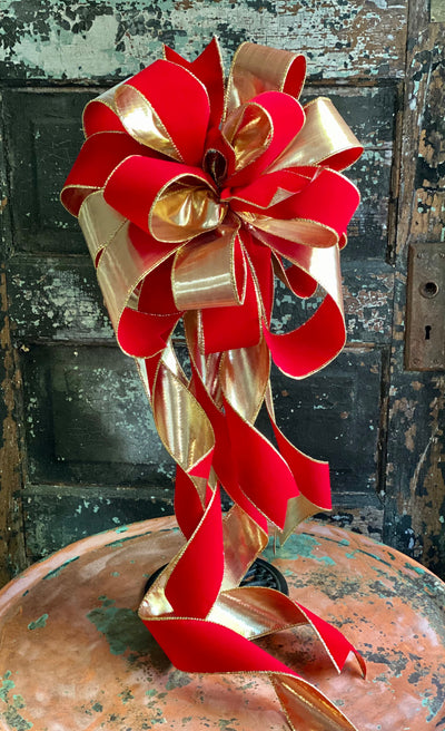 The Carmen Red & Gold Velvet Christmas Tree Topper Bow, bow for wreaths~XL traditional christmas bow~oversize bow with long streamers