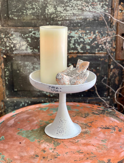 The Kimberly White Distressed Metal Pedestal Stand, 2 sizes available, Farmhouse shabby chic decor, small tray stand, Cottage decor