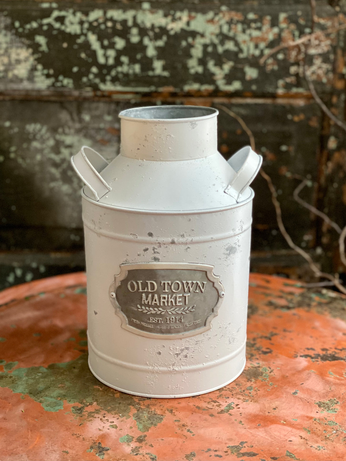 Farmhouse Distressed White Galvanized Metal Milk Can, metal container for florals, shabby chic vase for table, farmhouse metal urn