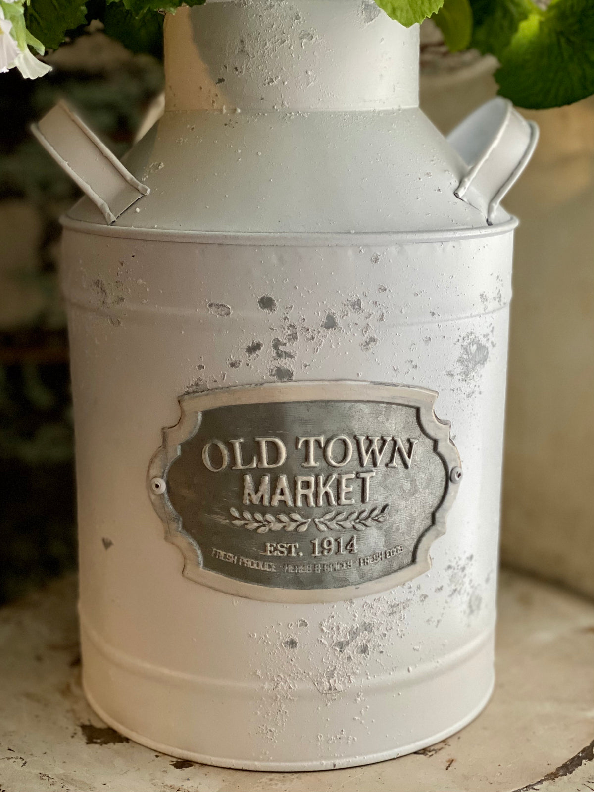 Farmhouse Distressed White Galvanized Metal Milk Can, metal container for florals, shabby chic vase for table, farmhouse metal urn