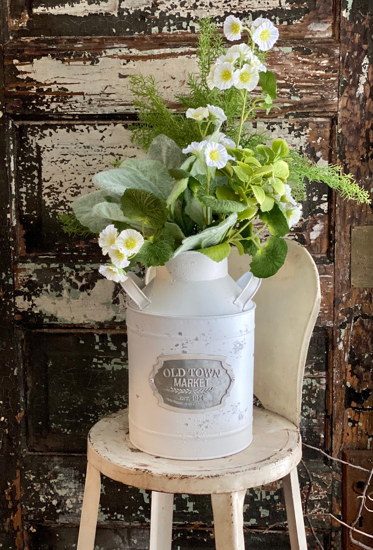 Farmhouse Distressed White Galvanized Metal Milk Can, metal container for florals, shabby chic vase for table, farmhouse metal urn