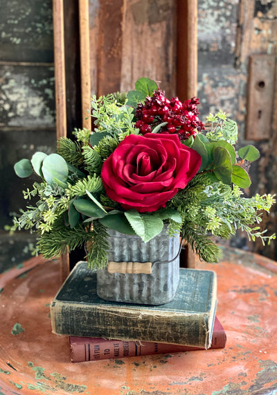 The Jules Red Rose & Evergreen Winter Centerpiece For Dining Table, Farmhouse pine arrangement, year round arrangement