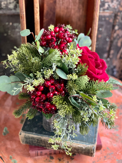 The Jules Red Rose & Evergreen Winter Centerpiece For Dining Table, Farmhouse pine arrangement, year round arrangement
