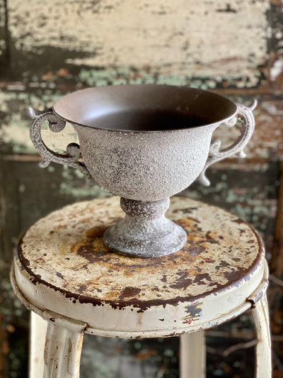 Raised Metal Urn With Handles, Grey white distressed compote, shabby chic textured urn, farmhouse compote for floral arrranging