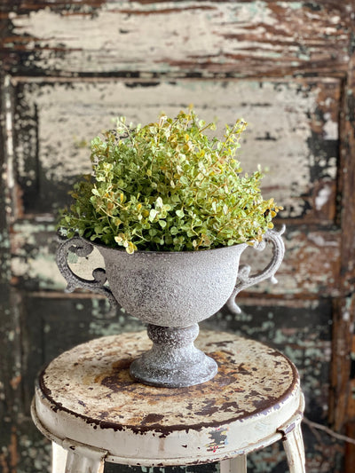 Raised Metal Urn With Handles, Grey white distressed compote, shabby chic textured urn, farmhouse compote for floral arrranging