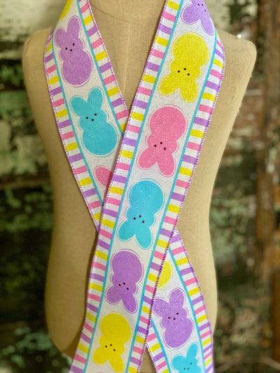 Easter Bunny Multi Color Wired Ribbon 2.5&quot; x 10 YARD ROLL, Easter Ribbon, Peep bunny rabbit  ribbon, Spring ribbon