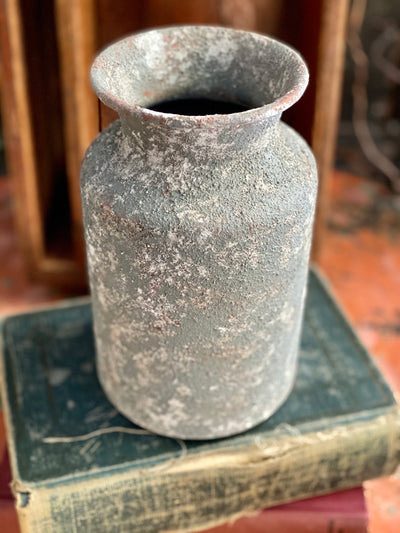 Distressed Grey Textured Metal Urn, metal container for florals, shabby chic vase for table, farmhouse metal urn