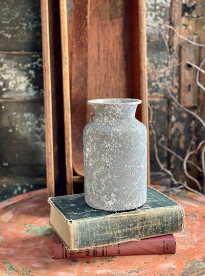 Distressed Grey Textured Metal Urn, metal container for florals, shabby chic vase for table, farmhouse metal urn