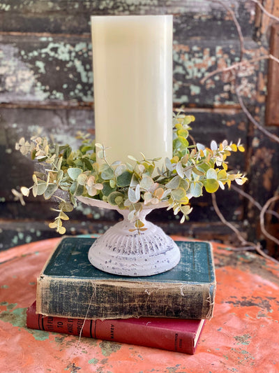 The Rebecca White Distressed Metal Pedestal Candle Stand