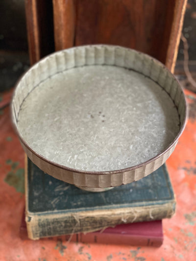 Farmhouse Round Galvanized Tray With Wood Pedestal Stand, Rustic wood and metal serving tray, kitchen platter, Cupcake stand, candle stand