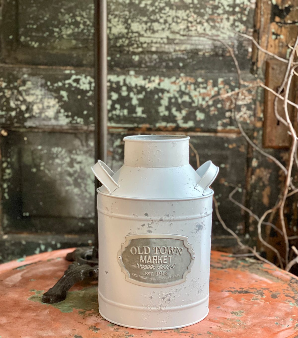 Farmhouse Distressed White Galvanized Metal Milk Can, metal container for florals, shabby chic vase for table, farmhouse metal urn