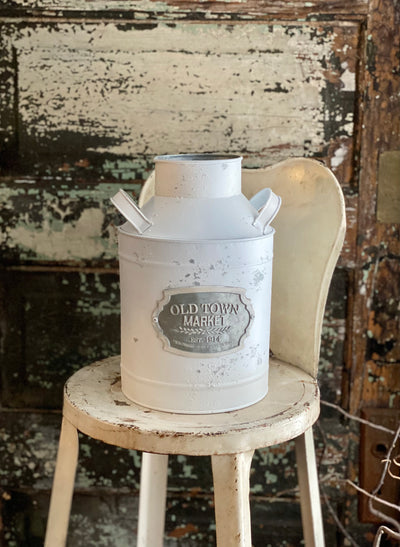 Farmhouse Distressed White Galvanized Metal Milk Can, metal container for florals, shabby chic vase for table, farmhouse metal urn