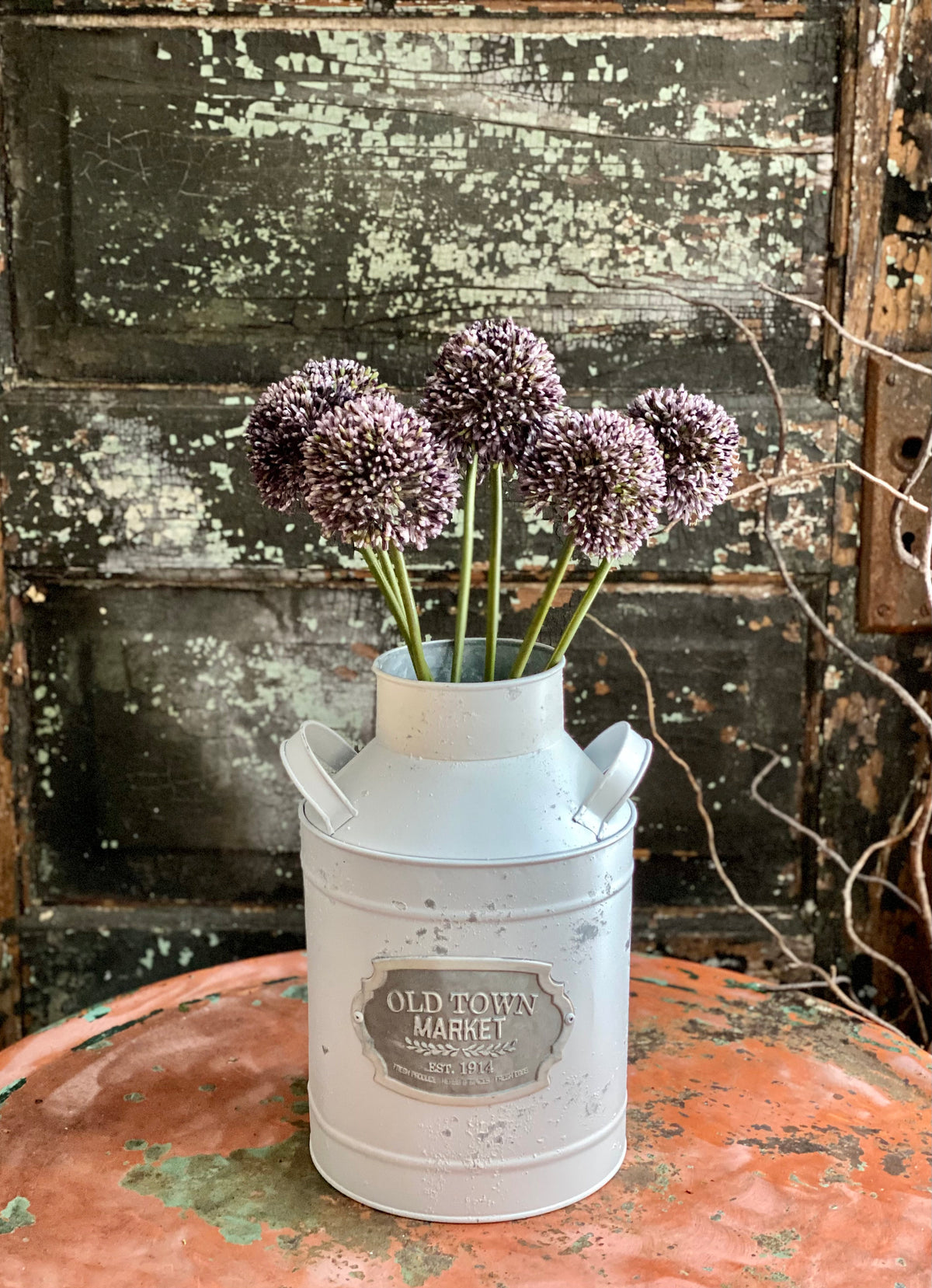 Farmhouse Distressed White Galvanized Metal Milk Can, metal container for florals, shabby chic vase for table, farmhouse metal urn