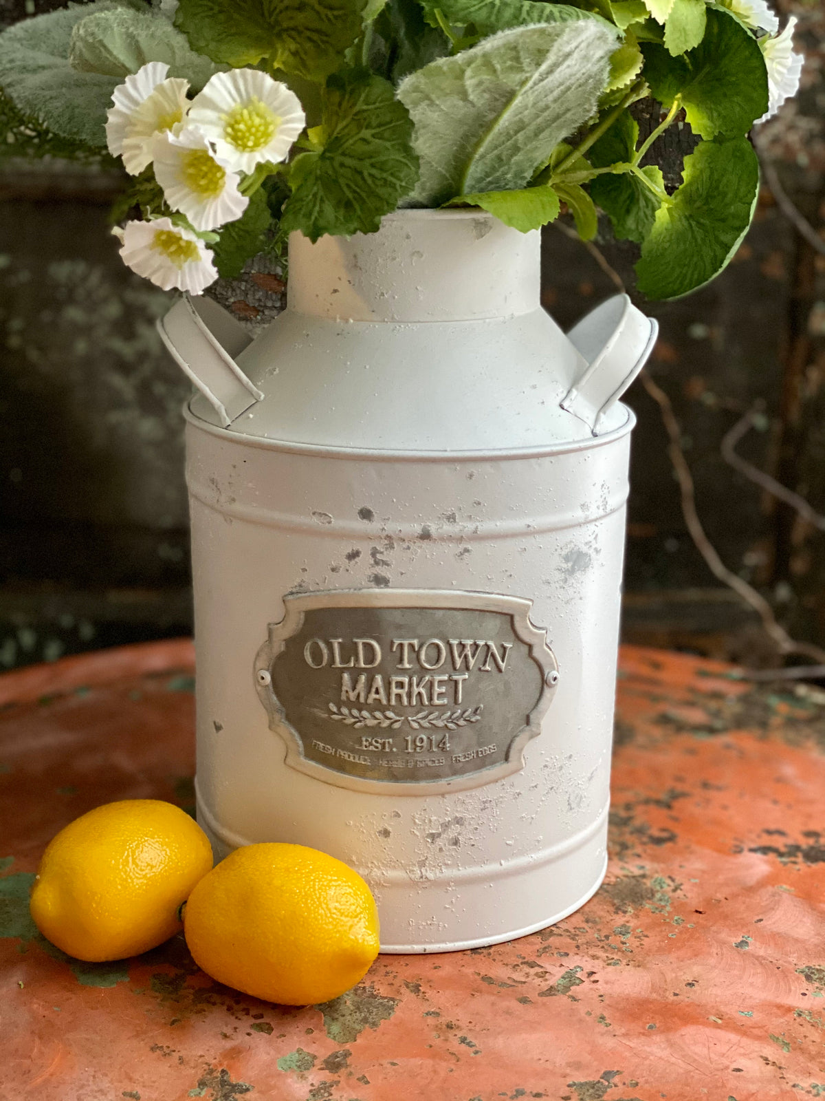 Farmhouse Distressed White Galvanized Metal Milk Can, metal container for florals, shabby chic vase for table, farmhouse metal urn