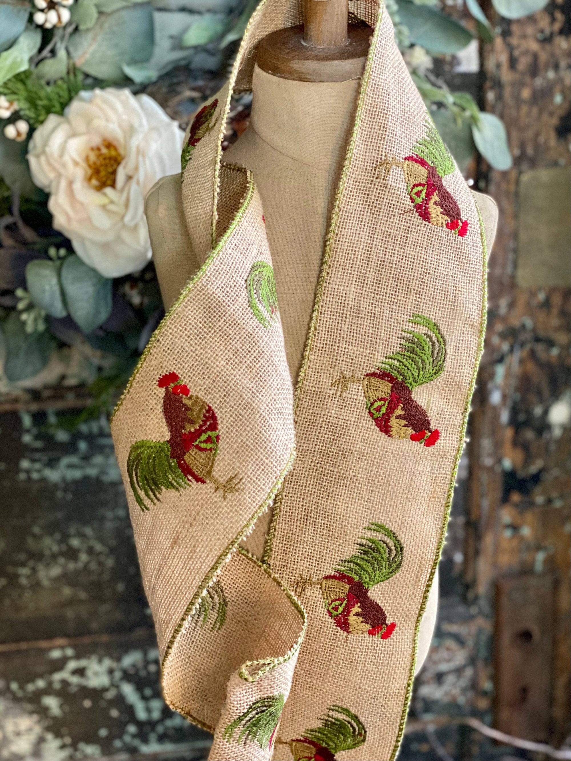 Farmhouse Luxury Burlap Rooster Wired Ribbon 4&quot; x 5 YARD ROLL, Spring Chicken Ribbon, Craft supply, Bow making ribbon, Embroidered ribbon