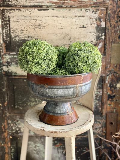 Galvanized Rustic Round Metal Compote, Farmhouse distressed rusty look footed bowl, Large round metal planter, bulb planter, rustic urn