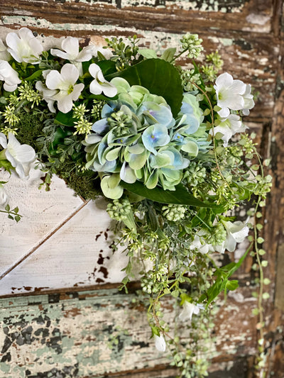 Blue Hydrangea & Greenery Spring Front Door Wreath, Antiqued White Metal Envelope Wall Pocket, Farmhouse wall decor, Easter decor