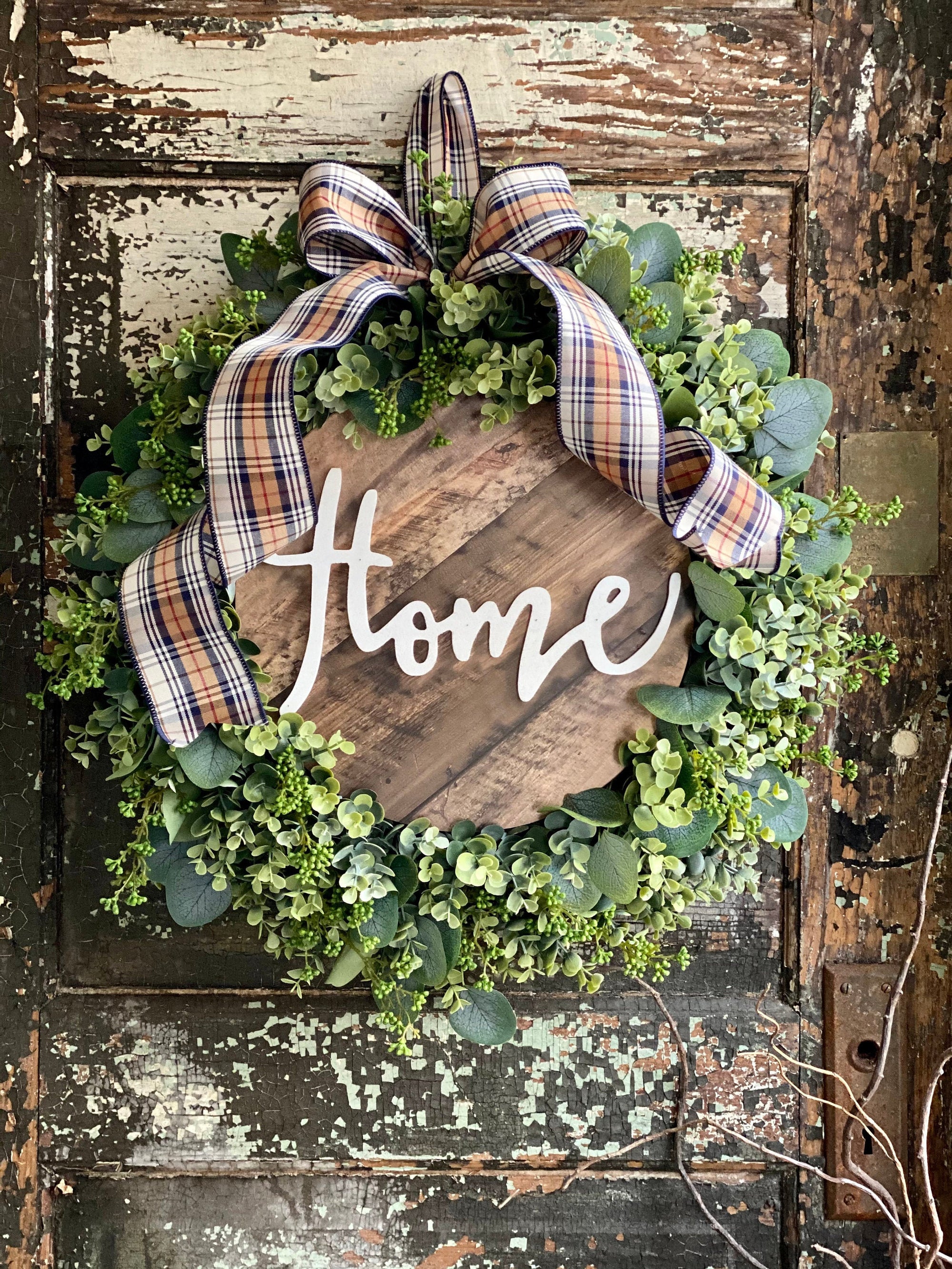 The Bethany All Season Eucalyptus Wreath For Front Door, Spring farmhouse wreath, Mothers day gift, wood Home sign Greenery wreath,