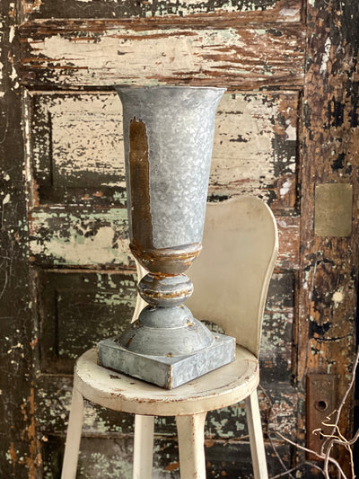 Galvanized Distressed Gray & Bronze Tall Metal Urn, Farmhouse rusty look footed urn, Large metal vase, Vase for mantle, rustic urn