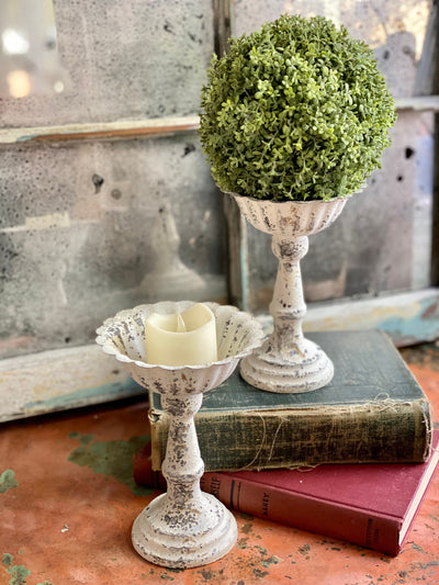 The Tish White Distressed Metal Pedestal Candle Stand