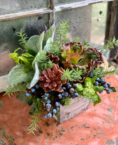 The Sallie Succulent Herb Garden Centerpiece For Kitchen Table, spring Summer arrangement, year round centerpiece, farmhouse rustic decor