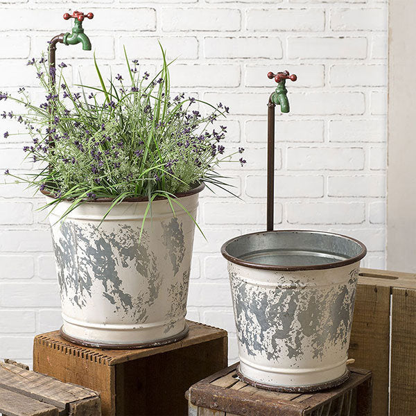 Vintage Style Galvanized Metal & White Garden Faucet Flower Buckets, Farmhouse garden home decor, Large rustic tub planter