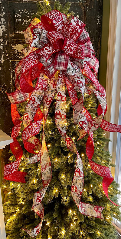 The Shayla Red White & Gray Christmas Tree Topper Bow~Xmas bow for wreaths