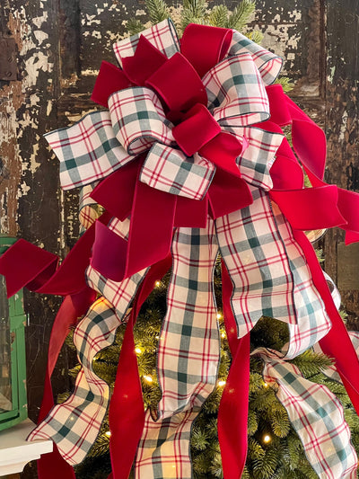 The Beckett Cranberry Red Cream & Green Plaid Christmas Tree Topper Bow