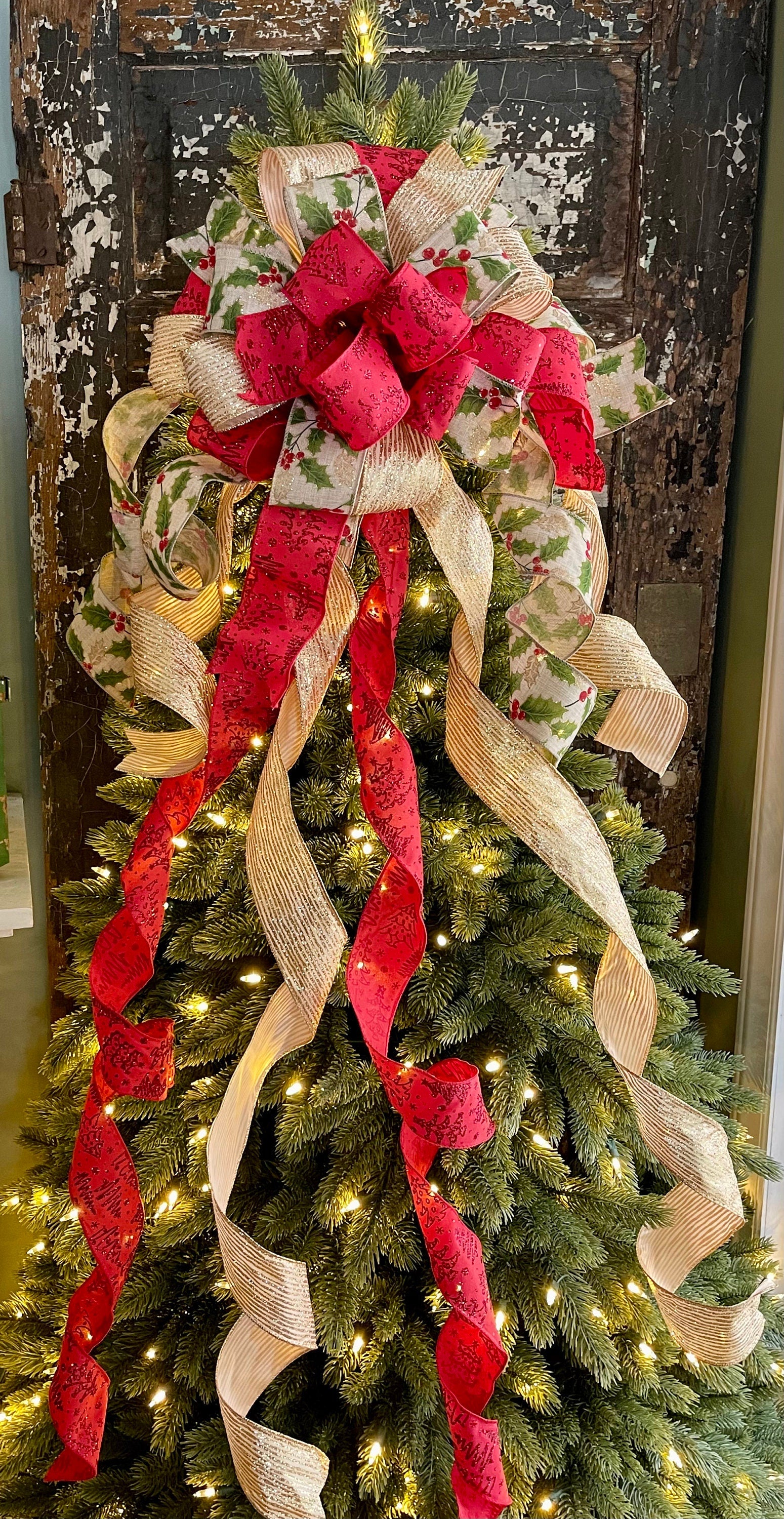 The Cadence Red & Gold Holly Christmas Tree Topper Bow