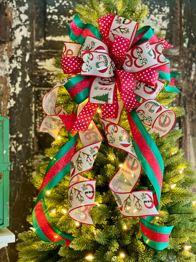 The Brianne Red White & Green Whimsical Christmas Tree Topper Bow