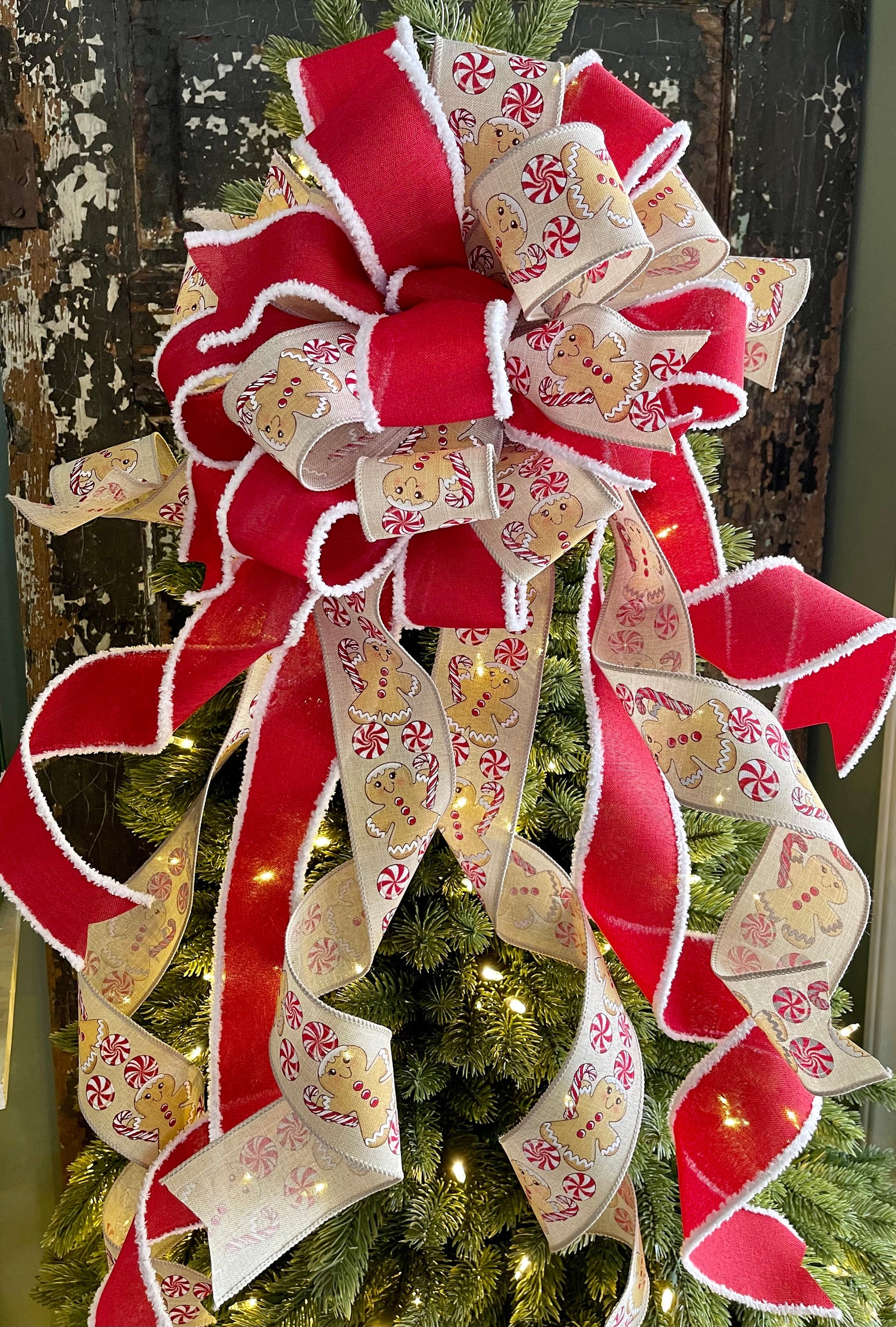 The Mariah red and white Christmas tree topper bow-bow with long strea -  Crested Perch