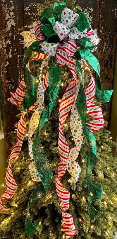 The Yule Red White & Green Whimsical Christmas Tree Topper Bow
