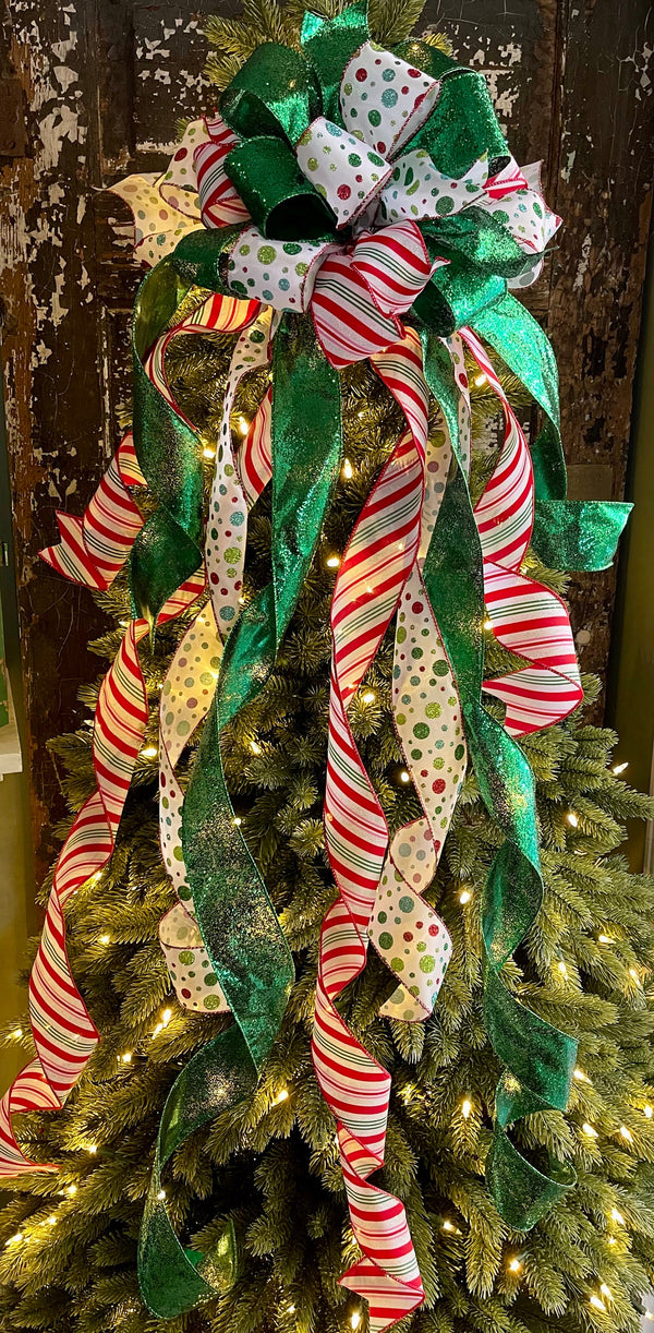 The Jolly Red White & Green Whimsical Christmas Tree Topper Bow