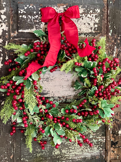 The Ruby Winter Rustic Red Berry Evergreen Christmas Wreath For Front Door
