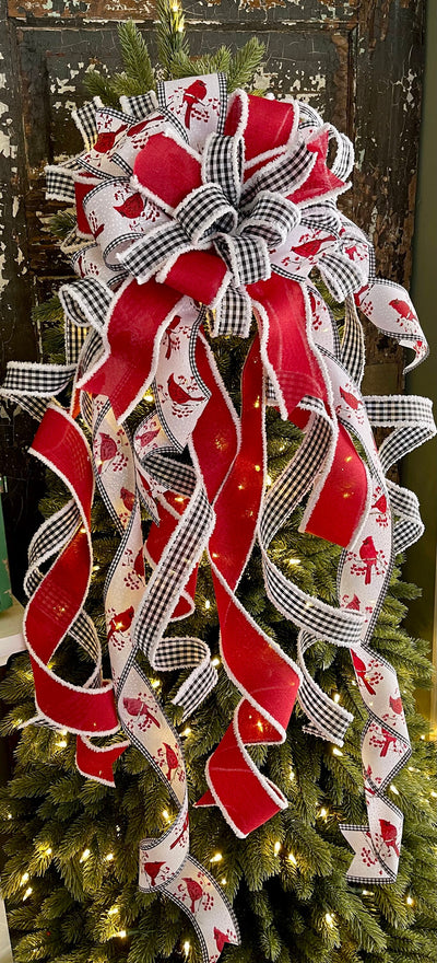 The Muriel Red Black & White Cardinal Christmas Tree Topper Bow