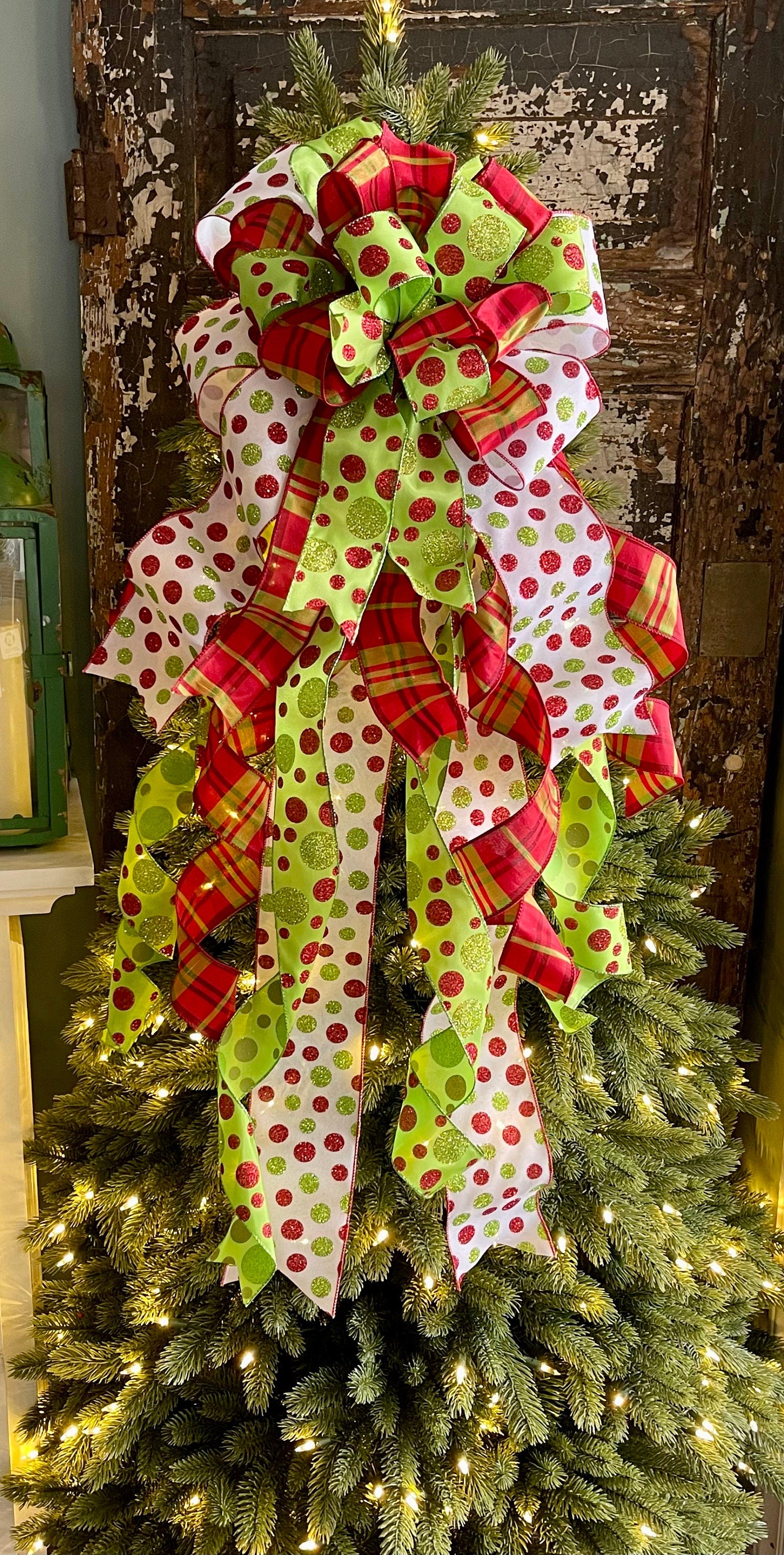 The Joanne Red & Lime Green Polka Dot Christmas Tree Topper Bow - Crested  Perch