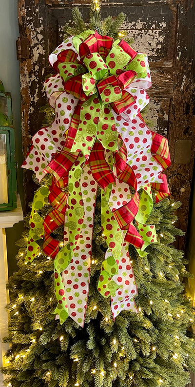 The Jolly Red White & Green Whimsical Christmas Tree Topper Bow