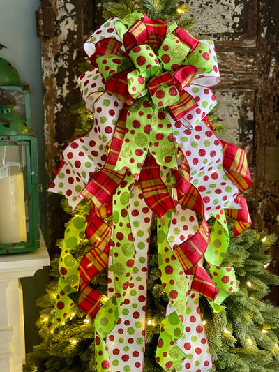 The Jolly Red White & Green Whimsical Christmas Tree Topper Bow