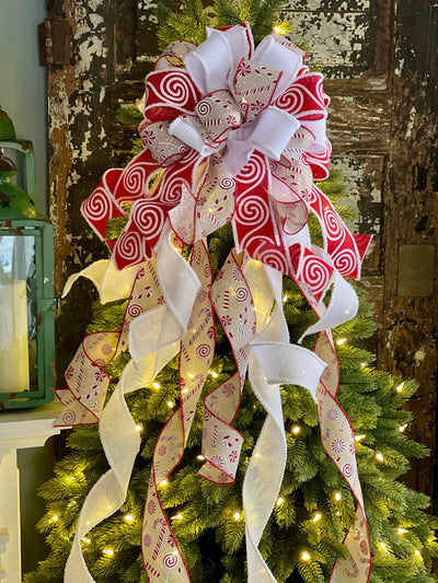 The Candi Red & White Peppermint Christmas Tree Topper Bow