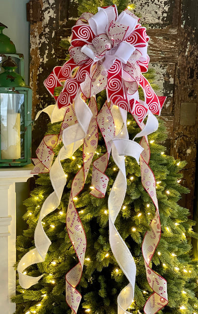 The Candi Red & White Peppermint Christmas Tree Topper Bow