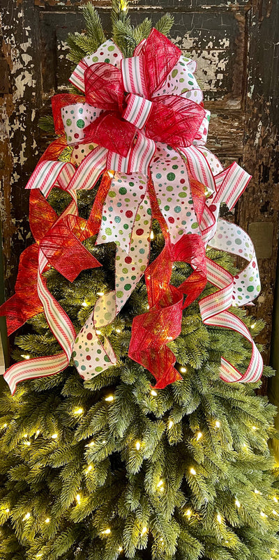 The Marlene Red White & Green Whimsical Christmas Tree Topper Bow