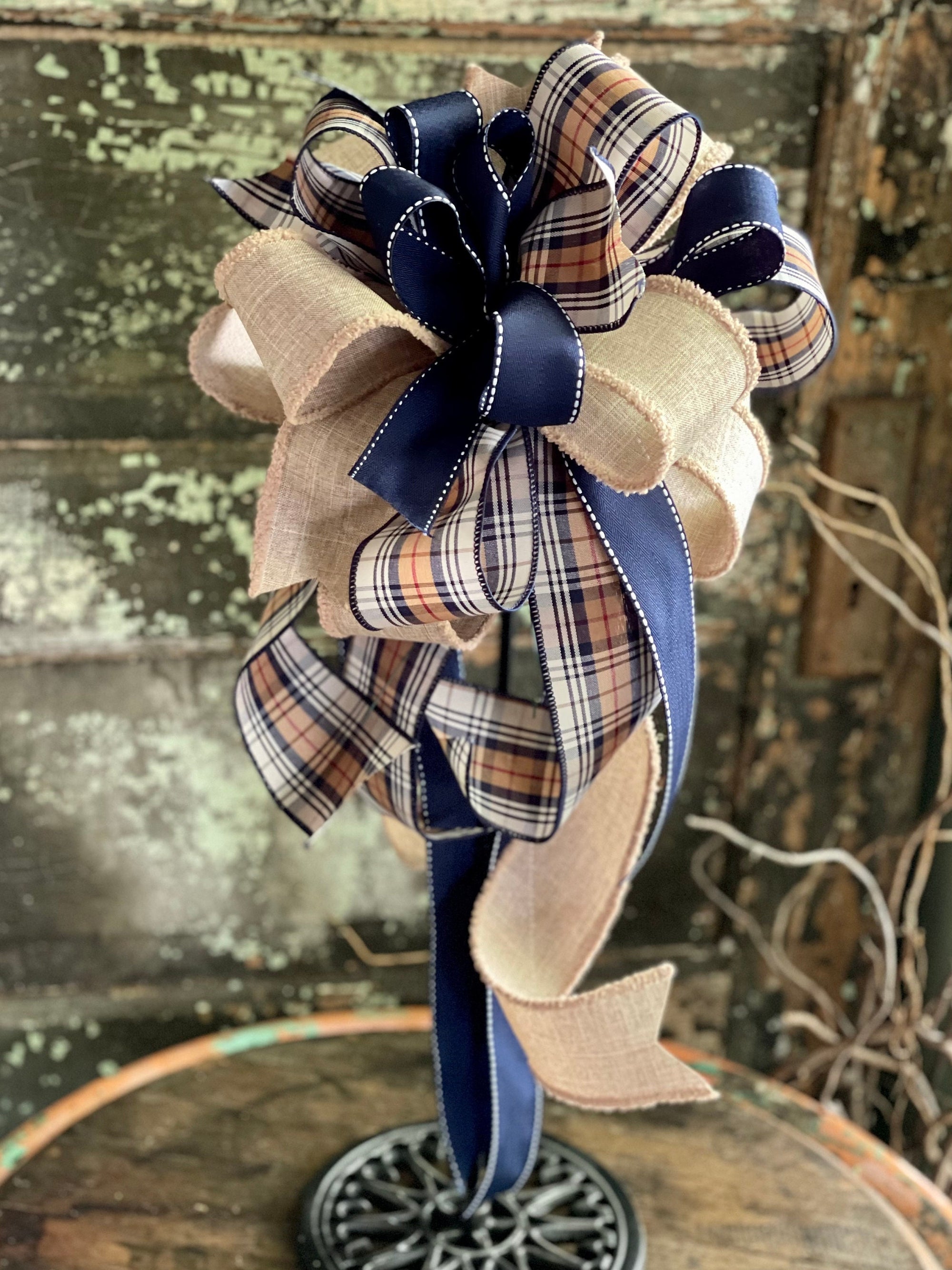 The Lapis Navy Blue Tan Plaid Bow For Wreaths
